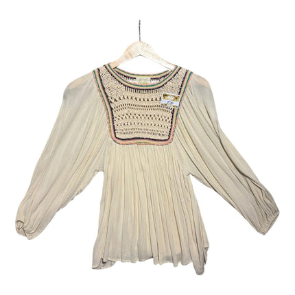 OutOf10 cream bohemian blouse with long sleeves, gathered bodice, and intricate multi-coloured crochet neckline detail.