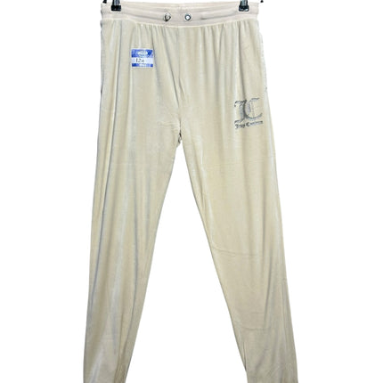OutOf10 cream velour jogger sweatpants with elastic drawstring waist and ribbed cuffs hanging on a hanger