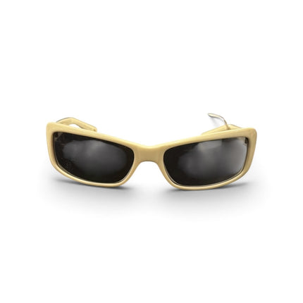 OutOf10 Y2K-inspired wrap-around sunglasses with a cream-toned frame and dark lenses for a modern, edgy aesthetic.