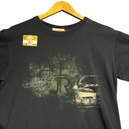 OutOf10 black crew-neck cotton t-shirt featuring a distressed Dale Earnhardt Jr Hendrick Motorsports racing graphic.