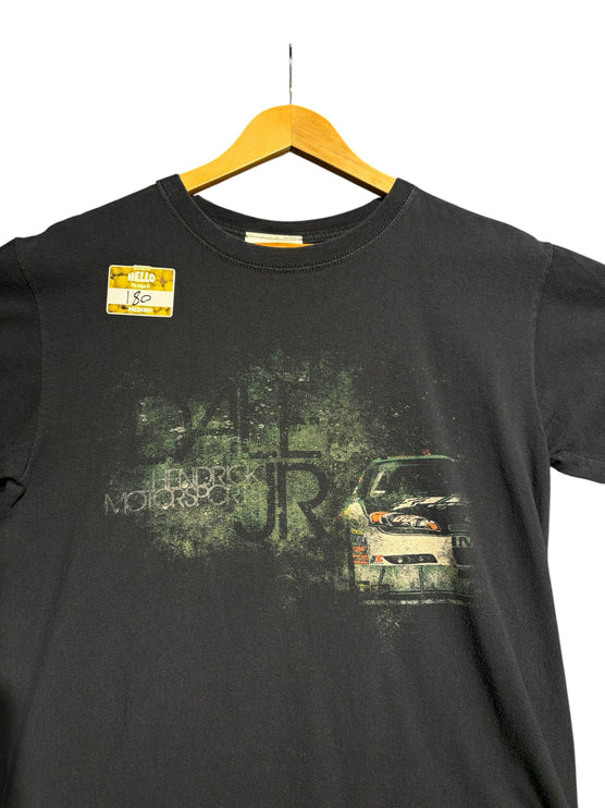 OutOf10 black crew-neck cotton t-shirt featuring a distressed Dale Earnhardt Jr Hendrick Motorsports racing graphic.