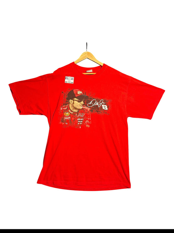 OutOf10 red Dale Earnhardt Jr NASCAR graphic t-shirt with signature and number 8 print on soft cotton fabric