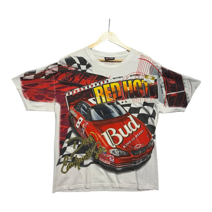 OutOf10 vintage-inspired white cotton t-shirt featuring a bold Dale Earnhardt Jr. NASCAR graphic and racing car print.