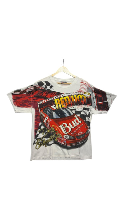 OutOf10 vintage-inspired white cotton t-shirt featuring a bold Dale Earnhardt Jr. NASCAR graphic and racing car print.