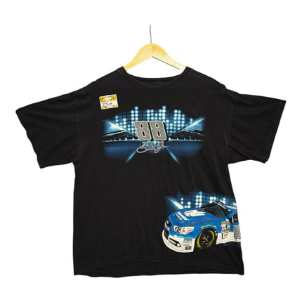 OutOf10 black cotton t-shirt featuring a Dale Earnhardt Jr. #88 NASCAR graphic with race car and stadium lights