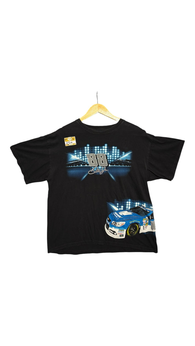 OutOf10 black cotton t-shirt featuring a Dale Earnhardt Jr. #88 NASCAR graphic with race car and stadium lights