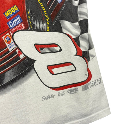 OutOf10 white cotton t-shirt featuring a vintage Dale Earnhardt Jr. NASCAR graphic with a red race car and number 8