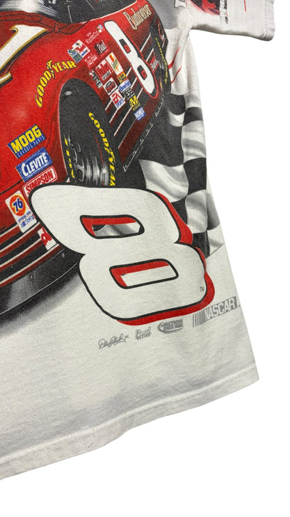 OutOf10 white cotton t-shirt featuring a vintage Dale Earnhardt Jr. NASCAR graphic with a red race car and number 8