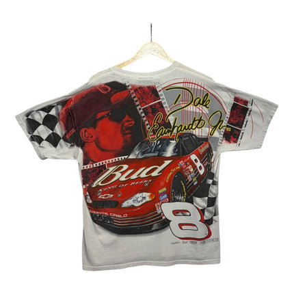 OutOf10 white Dale Earnhardt Jr NASCAR graphic t-shirt with vintage Budweiser racing car print and checkered flags