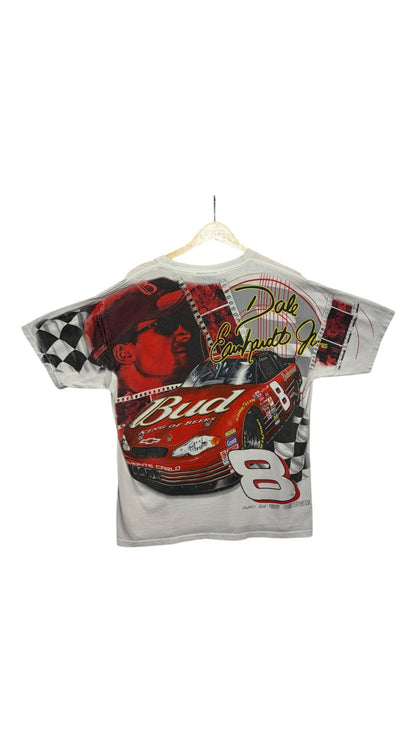 OutOf10 white Dale Earnhardt Jr NASCAR graphic t-shirt with vintage Budweiser racing car print and checkered flags