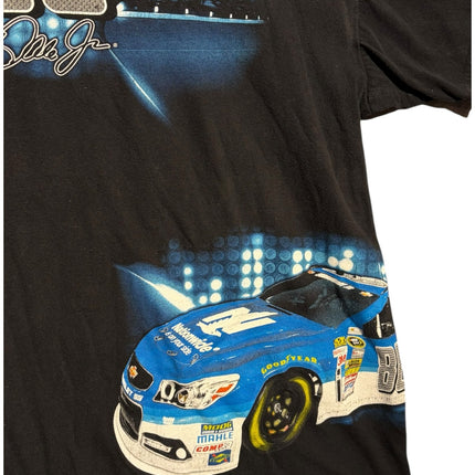 OutOf10 black cotton t-shirt featuring a Dale Earnhardt Jr. #88 NASCAR race car graphic with blue stadium lighting.
