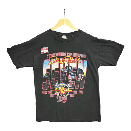 OutOf10 black cotton graphic t-shirt featuring Dale Earnhardt 7-time Winston Cup Champion print on a wooden hanger