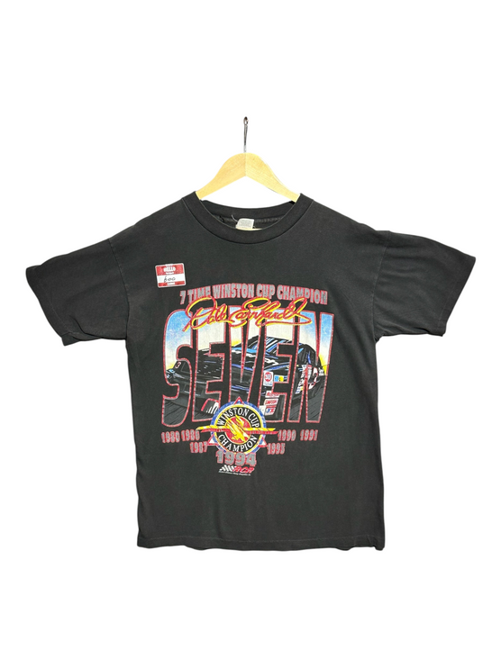 OutOf10 black cotton graphic t-shirt featuring Dale Earnhardt 7-time Winston Cup Champion print on a wooden hanger