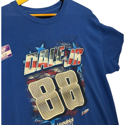 OutOf10 blue Dale Jr 88 Hendrick Motorsports graphic crewneck t-shirt with American flag design on a yellow hanger