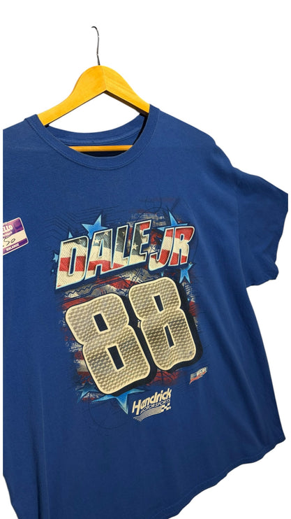 OutOf10 blue Dale Jr 88 Hendrick Motorsports graphic crewneck t-shirt with American flag design on a yellow hanger