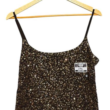OutOf10 sleeveless camisole in dark bronze with all-over sequin embellishment, scoop neckline, and spaghetti straps.