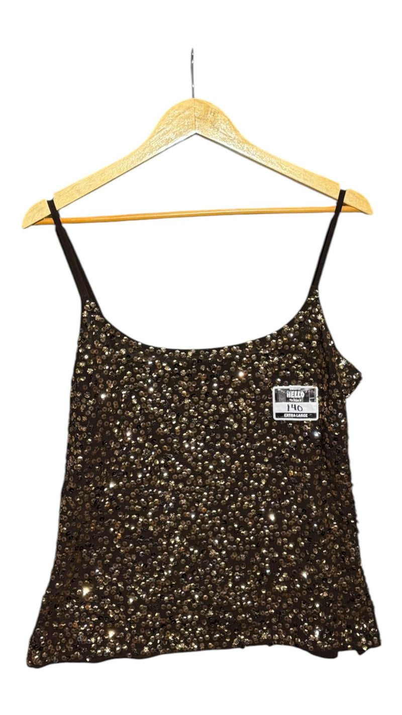 OutOf10 sleeveless camisole in dark bronze with all-over sequin embellishment, scoop neckline, and spaghetti straps.