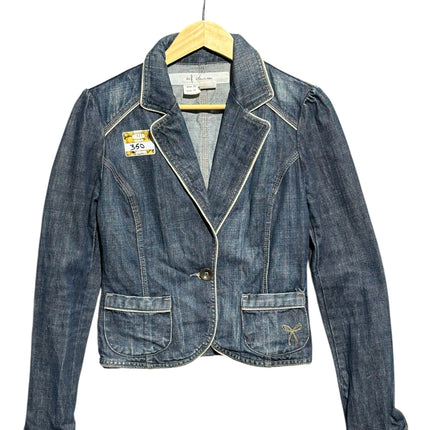 OutOf10 dark wash denim blazer with contrast piping, lapel collar, single-button closure, and embroidered bow detail.