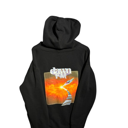 OutOf10 black cotton blend pullover hoodie featuring The Weeknd Dawn FM cinematic sunset graphic on the back
