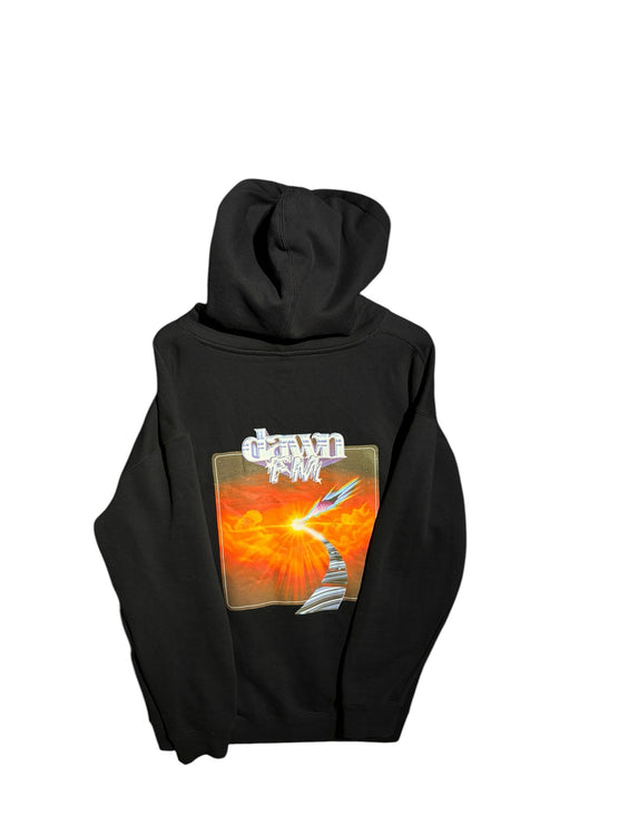 OutOf10 black cotton blend pullover hoodie featuring The Weeknd Dawn FM cinematic sunset graphic on the back
