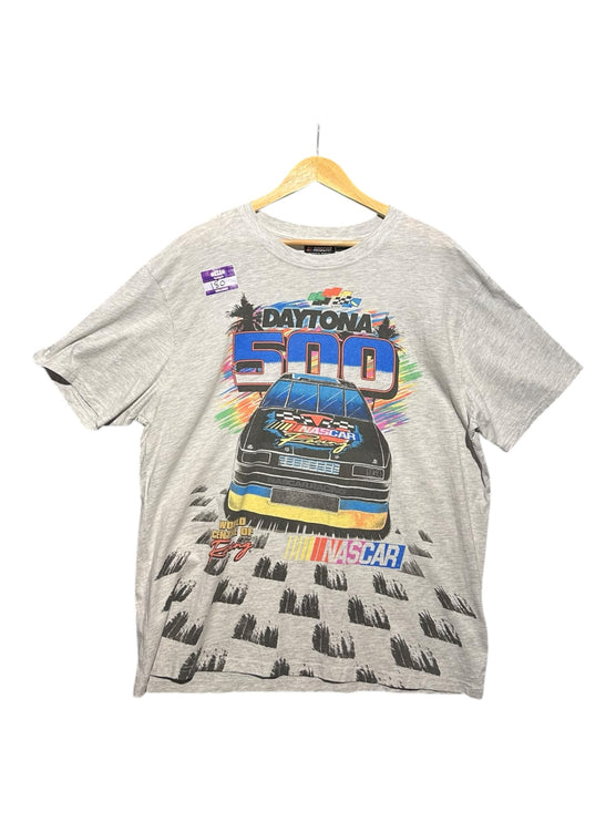 OutOf10 heather grey cotton-blend t-shirt featuring a vintage Daytona 500 NASCAR graphic print and crew neckline.