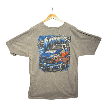 OutOf10 grey cotton blend crewneck t-shirt featuring a bold Daytona Speedweeks 2011 race car graphic on the back.