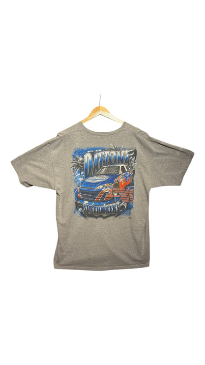 OutOf10 grey cotton blend crewneck t-shirt featuring a bold Daytona Speedweeks 2011 race car graphic on the back.