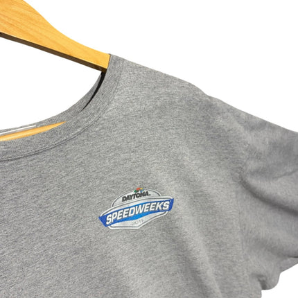 OutOf10 grey cotton crewneck t-shirt featuring a Daytona Speedweeks 2011 chest logo on a wooden hanger