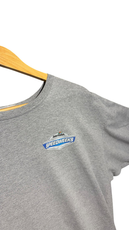 OutOf10 grey cotton crewneck t-shirt featuring a Daytona Speedweeks 2011 chest logo on a wooden hanger