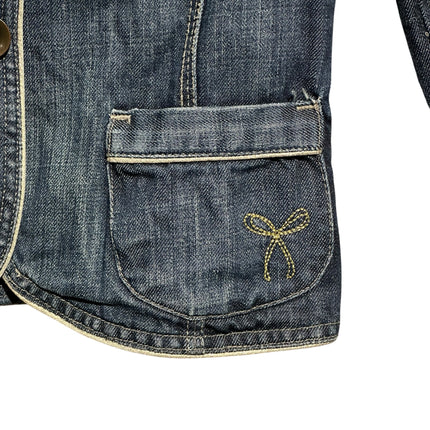 OutOf10 dark wash denim blazer featuring a flap pocket with delicate yellow embroidered bow detail and contrast piping.