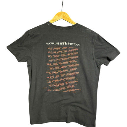 Back view of OutOf10 black Depeche Mode Global Spirit Tour cotton t-shirt with concert city list in orange text
