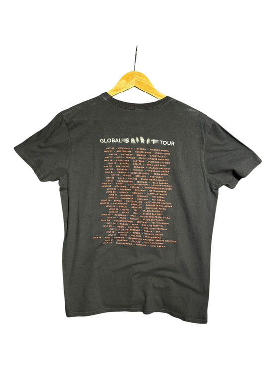 Back view of OutOf10 black Depeche Mode Global Spirit Tour cotton t-shirt with concert city list in orange text