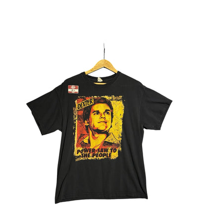 OutOf10 black cotton crewneck t-shirt featuring a distressed Dexter Morgan graphic with red and yellow text.