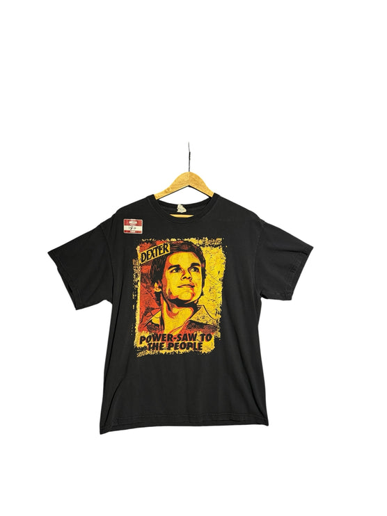 OutOf10 black cotton crewneck t-shirt featuring a distressed Dexter Morgan graphic with red and yellow text.