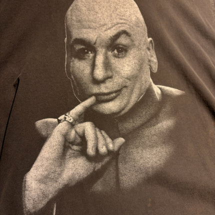 OutOf10 vintage washed-black cotton t-shirt featuring a detailed Dr. Evil portrait graphic print