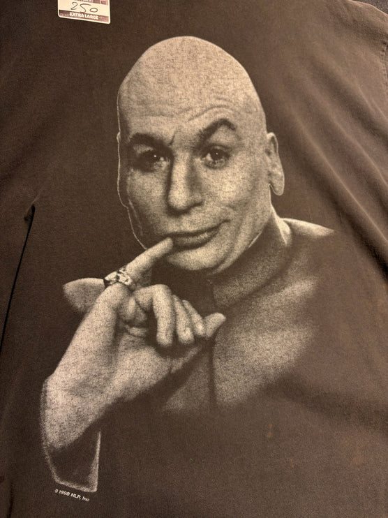 OutOf10 vintage washed-black cotton t-shirt featuring a detailed Dr. Evil portrait graphic print