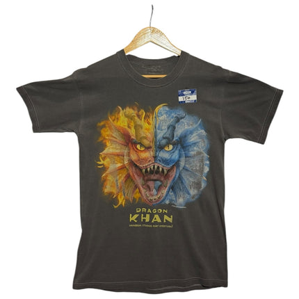 OutOf10 charcoal grey cotton t-shirt featuring a vibrant Dragon Khan graphic with fiery orange and icy blue scales.