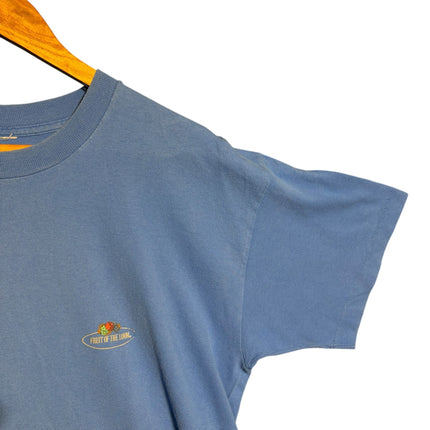 OutOf10 dusty blue Fruit of the Loom crewneck t-shirt with small chest logo on a wooden hanger