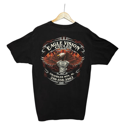 OutOf10 black cotton t-shirt featuring a detailed Eagle Vision Cycles eagle and motorcycle engine graphic on the back.