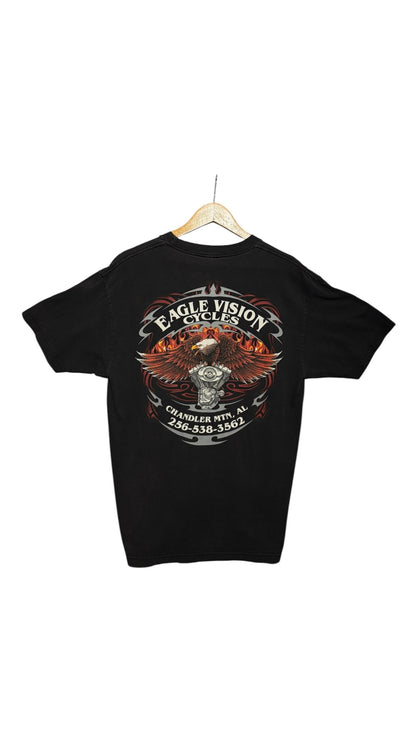 OutOf10 black cotton t-shirt featuring a detailed Eagle Vision Cycles eagle and motorcycle engine graphic on the back.
