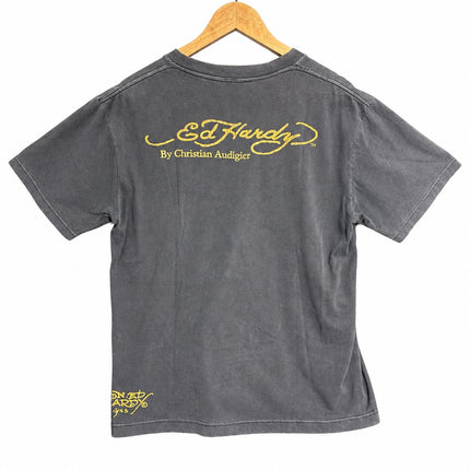 OutOf10 Ed Hardy by Christian Audigier washed black cotton t-shirt with yellow logo branding on the back