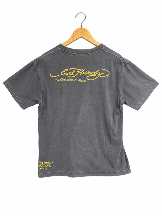 OutOf10 Ed Hardy by Christian Audigier washed black cotton t-shirt with yellow logo branding on the back