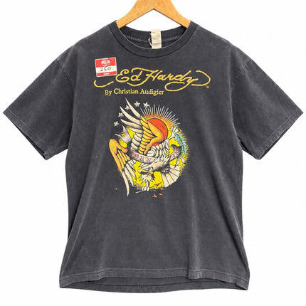 OutOf10 Ed Hardy by Christian Audigier washed black cotton t-shirt with a vintage eagle tattoo graphic print