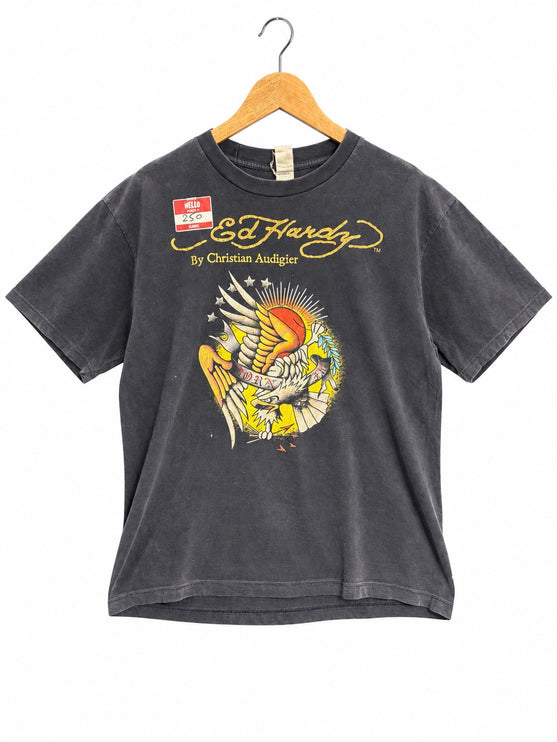 OutOf10 Ed Hardy by Christian Audigier washed black cotton t-shirt with a vintage eagle tattoo graphic print