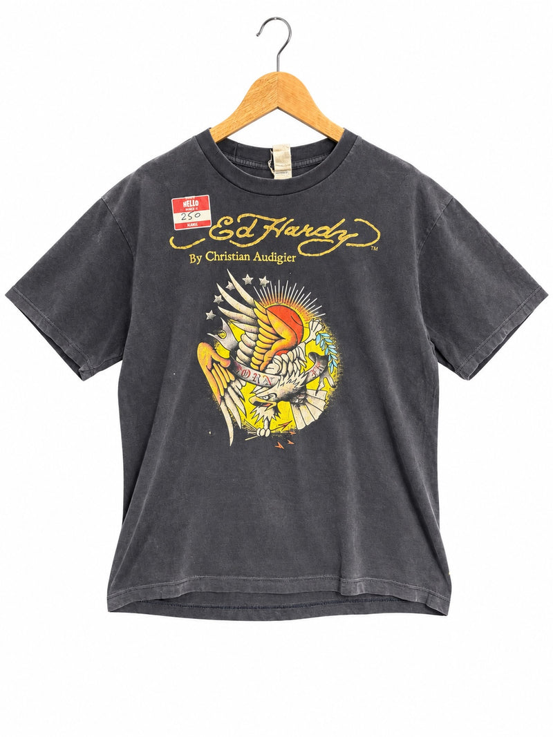 OutOf10 Ed Hardy by Christian Audigier washed black cotton t-shirt with a vintage eagle tattoo graphic print