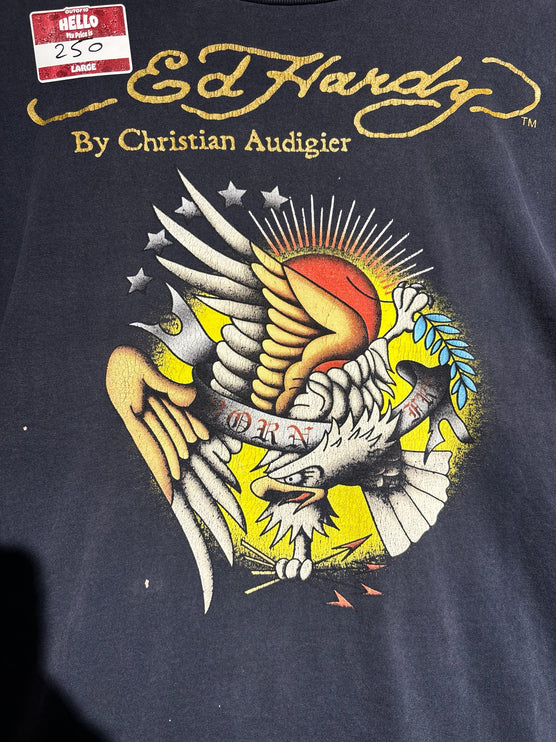 OutOf10 Ed Hardy by Christian Audigier washed black cotton t-shirt with a bold eagle tattoo graphic print