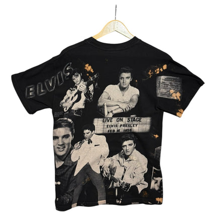 OutOf10 black short-sleeve t-shirt featuring a vintage Elvis Presley photo collage and 1956 concert graphic print.
