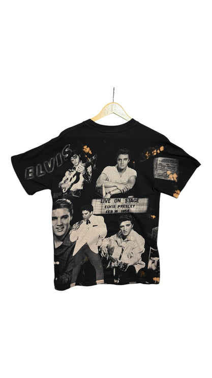 OutOf10 black short-sleeve t-shirt featuring a vintage Elvis Presley photo collage and 1956 concert graphic print.