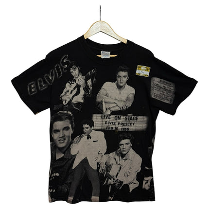 OutOf10 black short-sleeve t-shirt featuring a vintage Elvis Presley photo collage and 1956 concert graphic print.