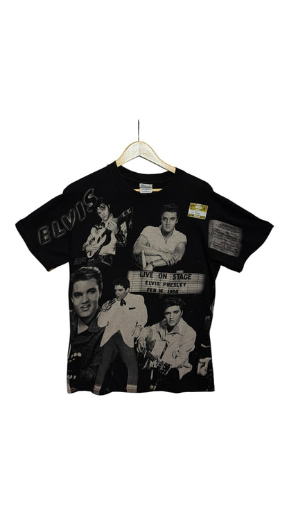OutOf10 black short-sleeve t-shirt featuring a vintage Elvis Presley photo collage and 1956 concert graphic print.